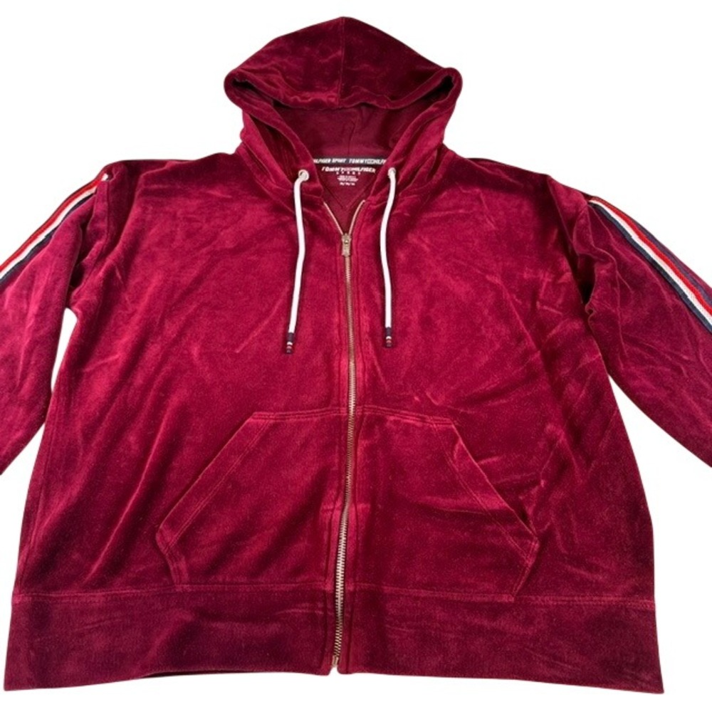 Tommy Hilfiger Sport Women's Plush Burgundy Velour Hooded Zip Up Jacket MD